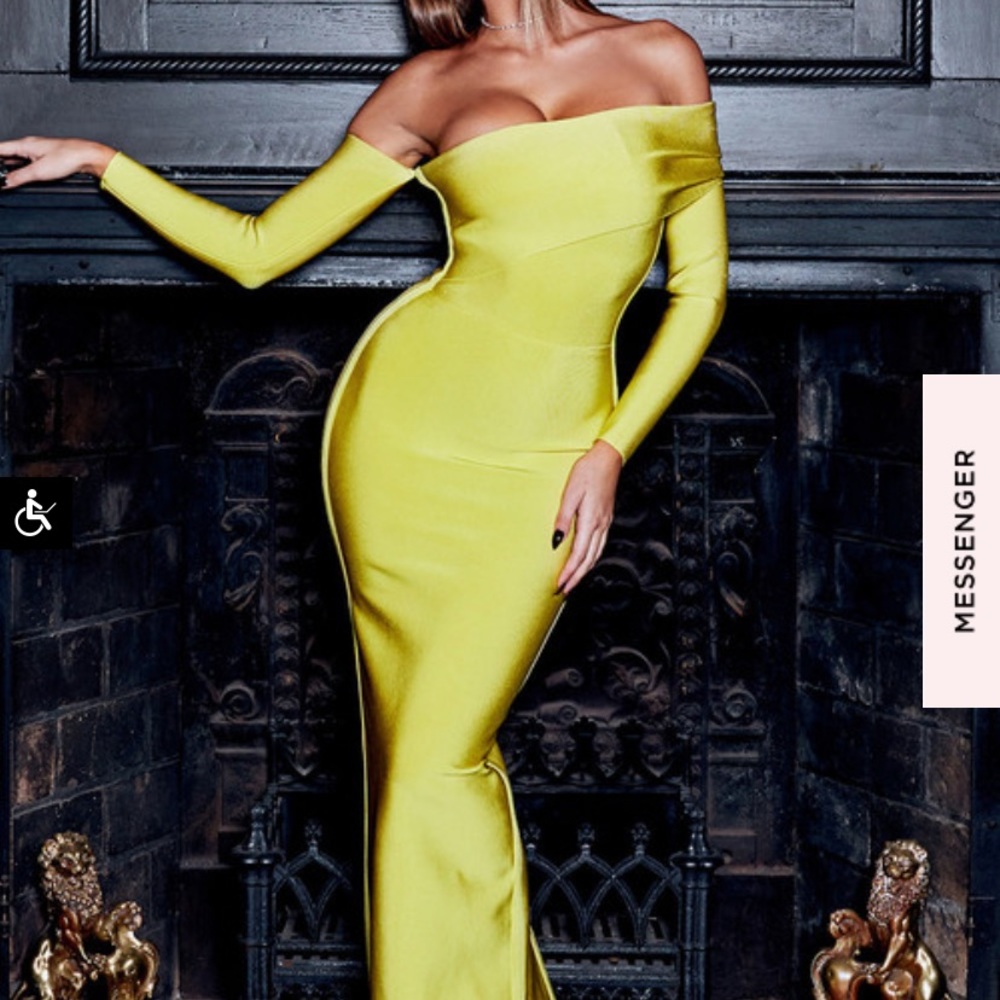 CHARTREUSE DRAPED SHOULDER MAXI BANDAGE DRESS